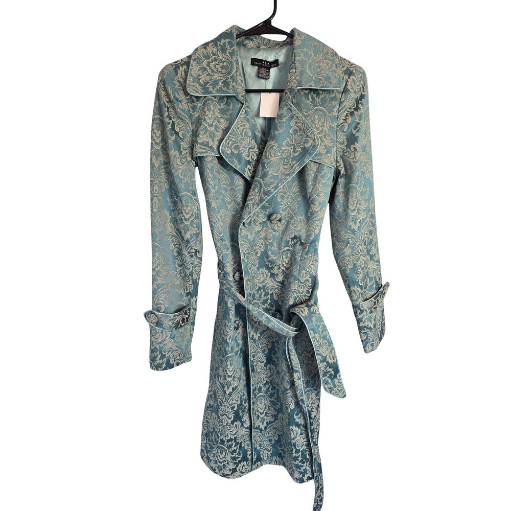 NWT Heart Moon Star Rampage Brocade Jacquard Trench Coat Damask Blue Medium